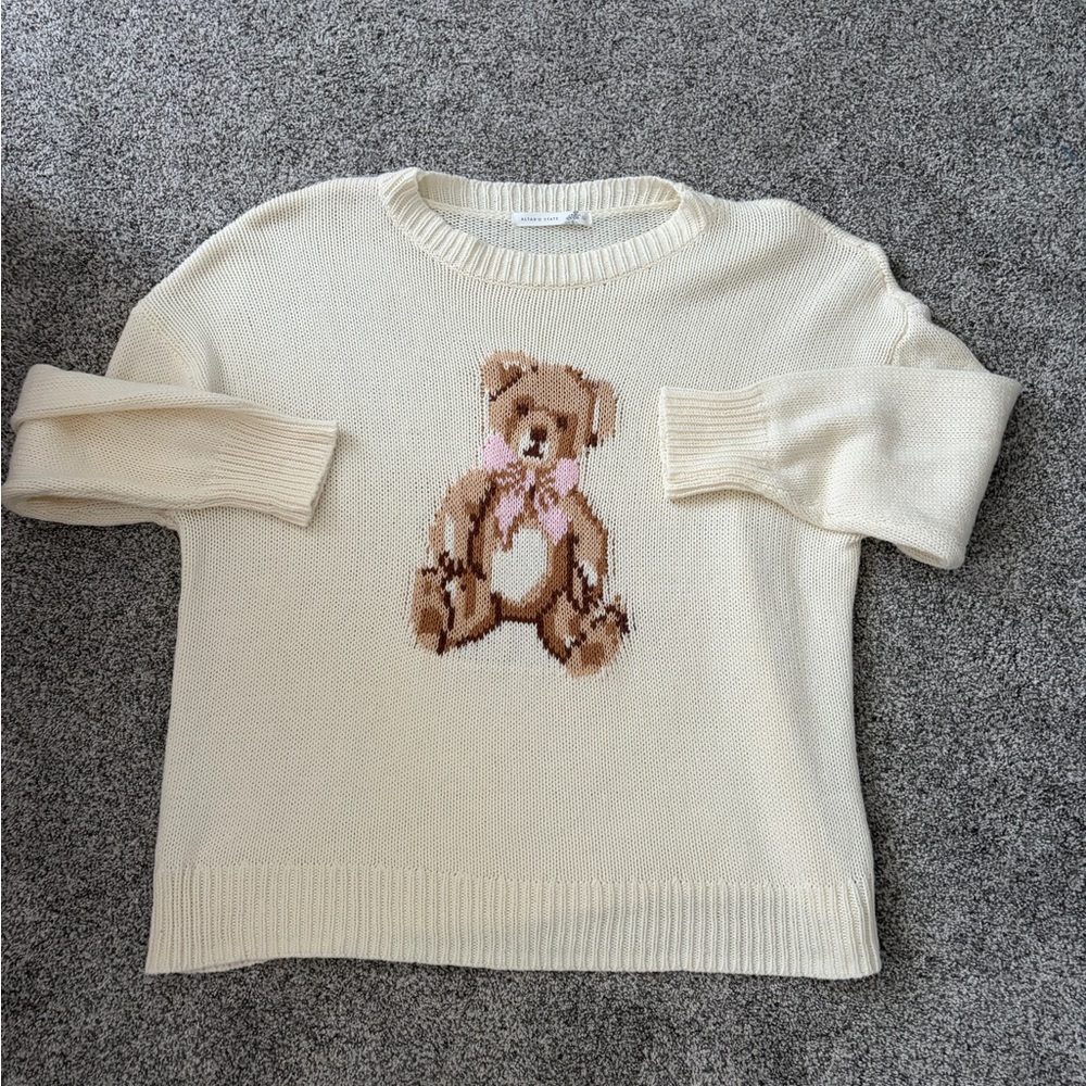 Altar'd State Cream Crewneck Sweater with Teddy Bear Motif